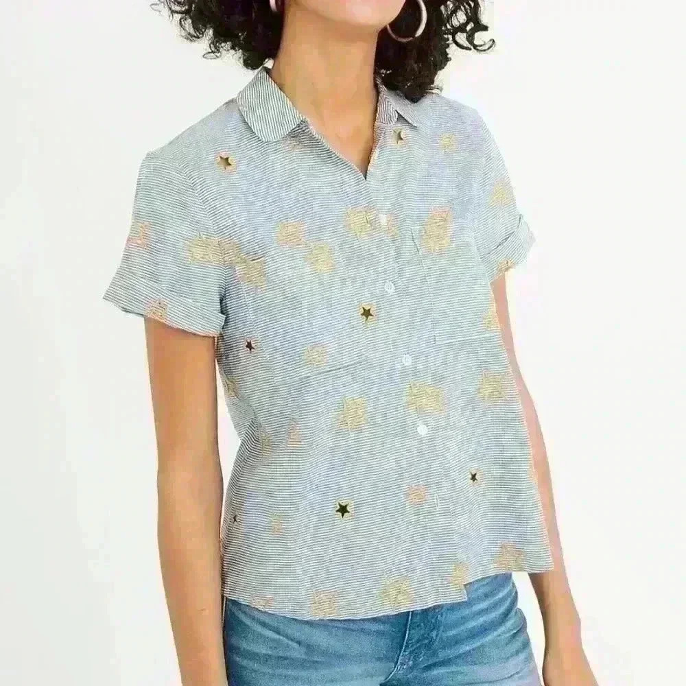 MadeWell Star Embroidered Blouse size xs blue stripped w yellow ⭐️